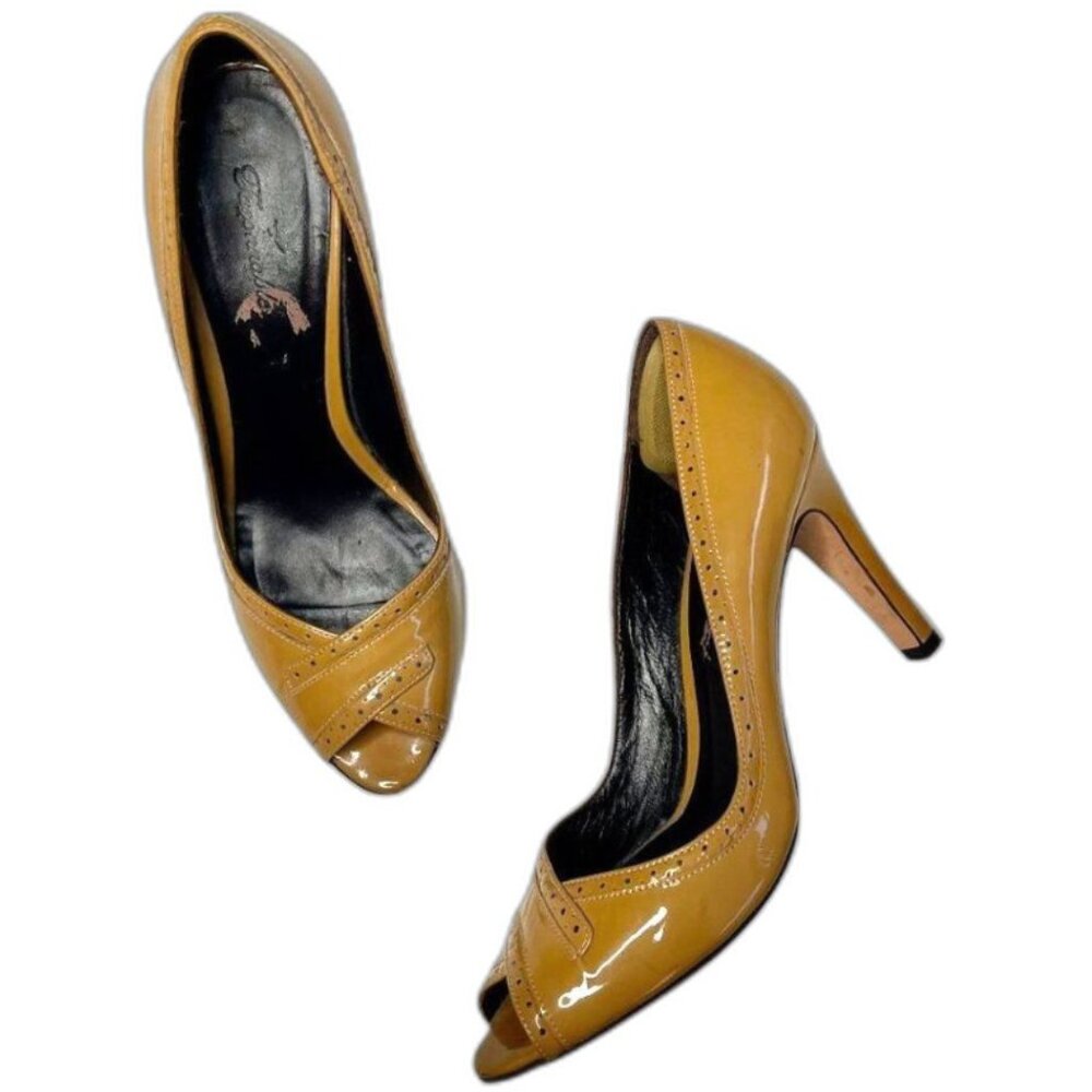 Faconnable Mustard Patent ALL Leather Peep Toe Pumps Womens Size 8N